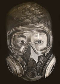 yo19-paopao-yang Drawing of a young man wearing a gas mask