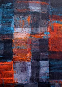 guild-exhibition-1-mini Textile work featuring large patches of colour. Blues, greys, reds and orange.