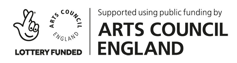 lottery-logo-black-in-page Supported using public funding by Arts Council England. Featuring a hand with the index and middle fingers crossed. Logo in black.