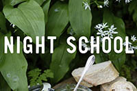 foraging-mini Hostas, wild garlic, bread and a silver spoon. Words over the top read 'night school'