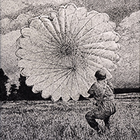 england-jon-seeds-to-the-wind Etching showing a soldier with a parachute which is inflated by the wind.