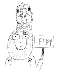 frank-goffey-mini A drawing of a man wearing a chicken hat and holding a sign saying 'help'.