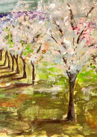 yo20-indigo-cameron-clarke Painting of an orchard with the trees casting shadows