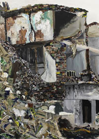 yo20-miranda-li Painting showing a house, which has been hit by a bomb attack