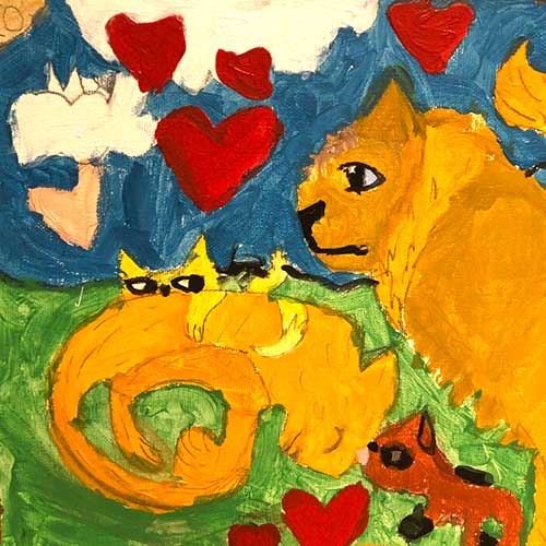 Proud-Father-watching-over-Playful-Kitten Painting of an orchard with the trees casting shadows